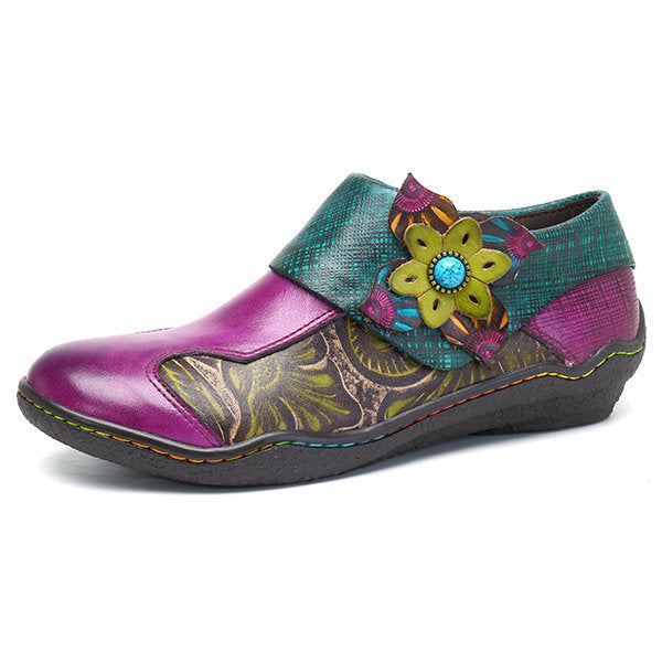 Female Ethnic Flower Full Leather Embossed Handmade Retro Flat Shoes