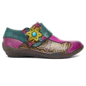 Female Ethnic Flower Full Leather Embossed Handmade Retro Flat Shoes